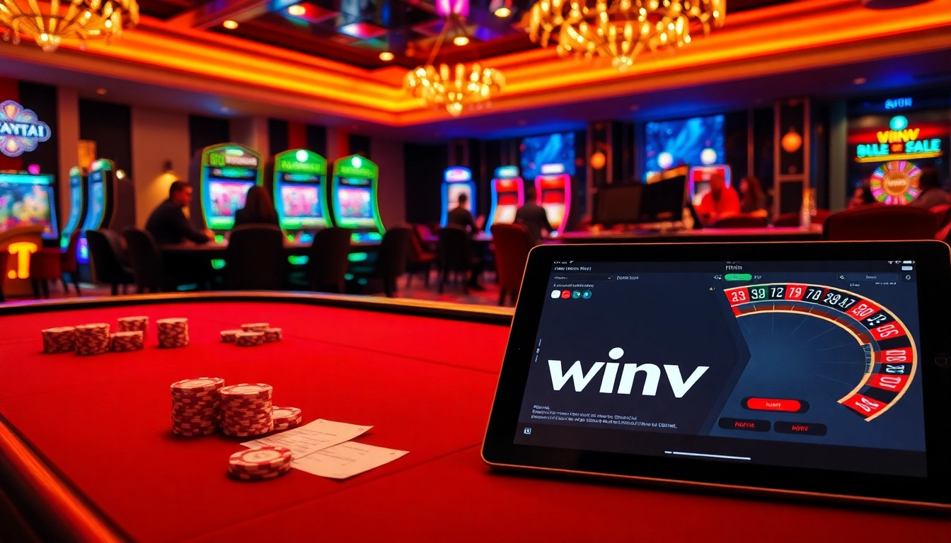 WinVN players enjoying an elegant casino experience with poker tables and slot machines.