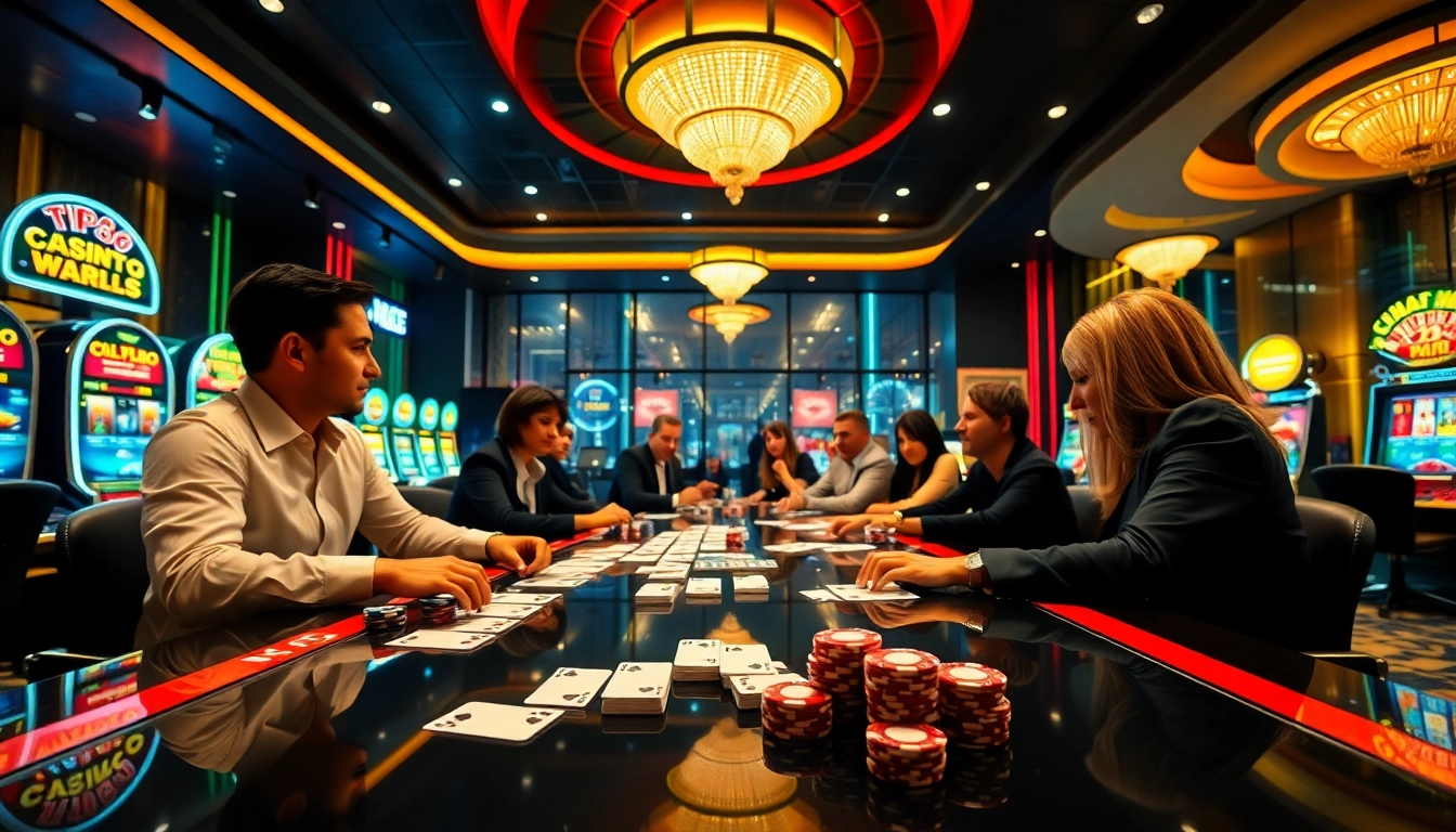 Exciting casino gameplay featuring TP88 elements, vibrant slot machines, and roulette wheels.