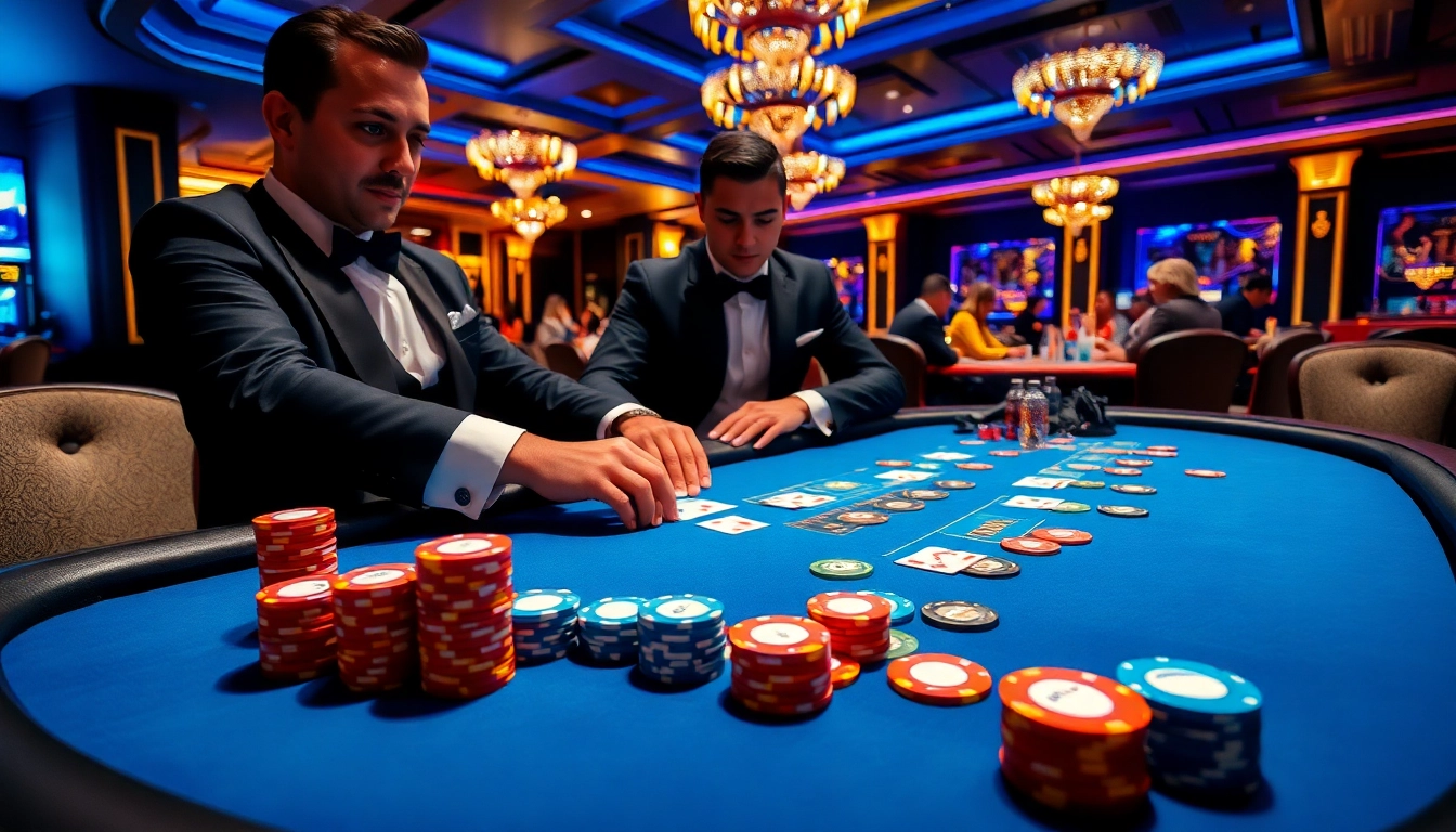 Engage in a thrilling poker game at 99ok with vibrant chips and an elegant dealer.