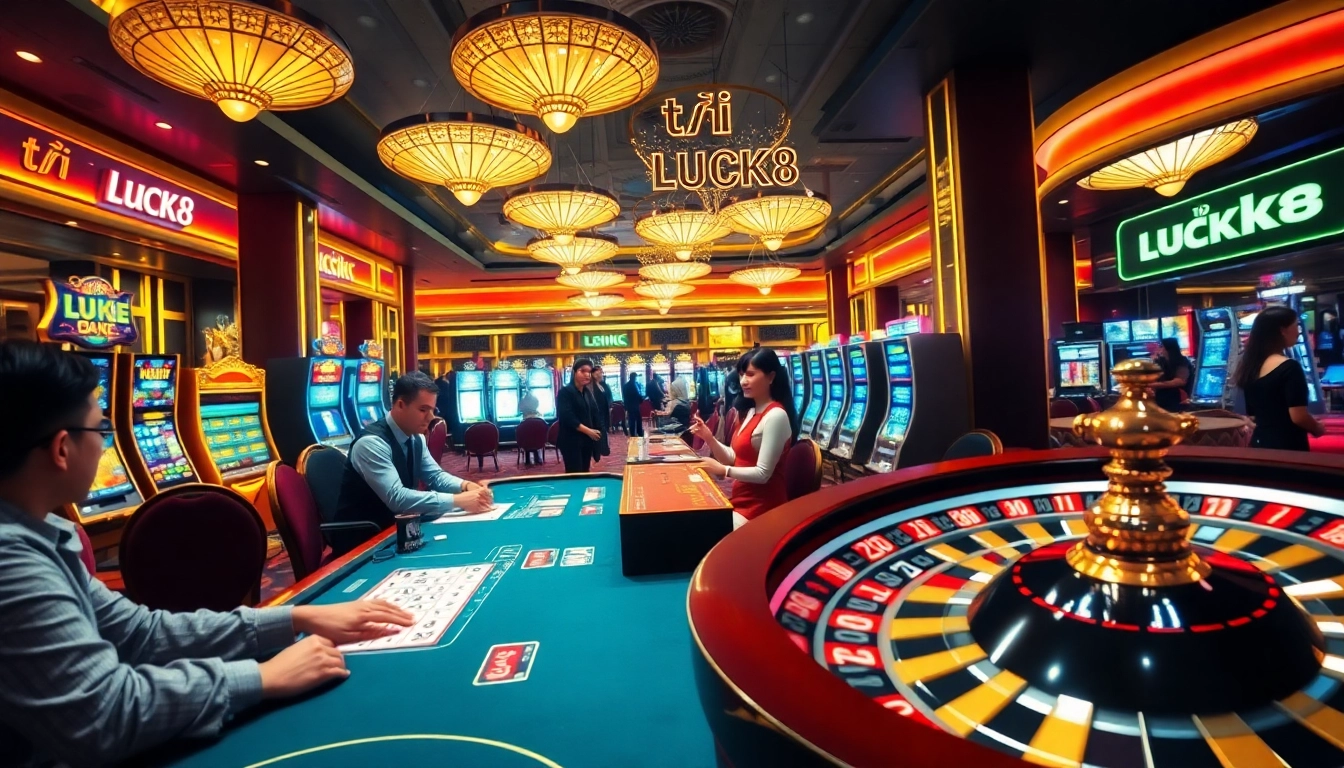 Experience the thrill of gambling while tải LUCK8 with vibrant casino settings and players engaged in intense action.