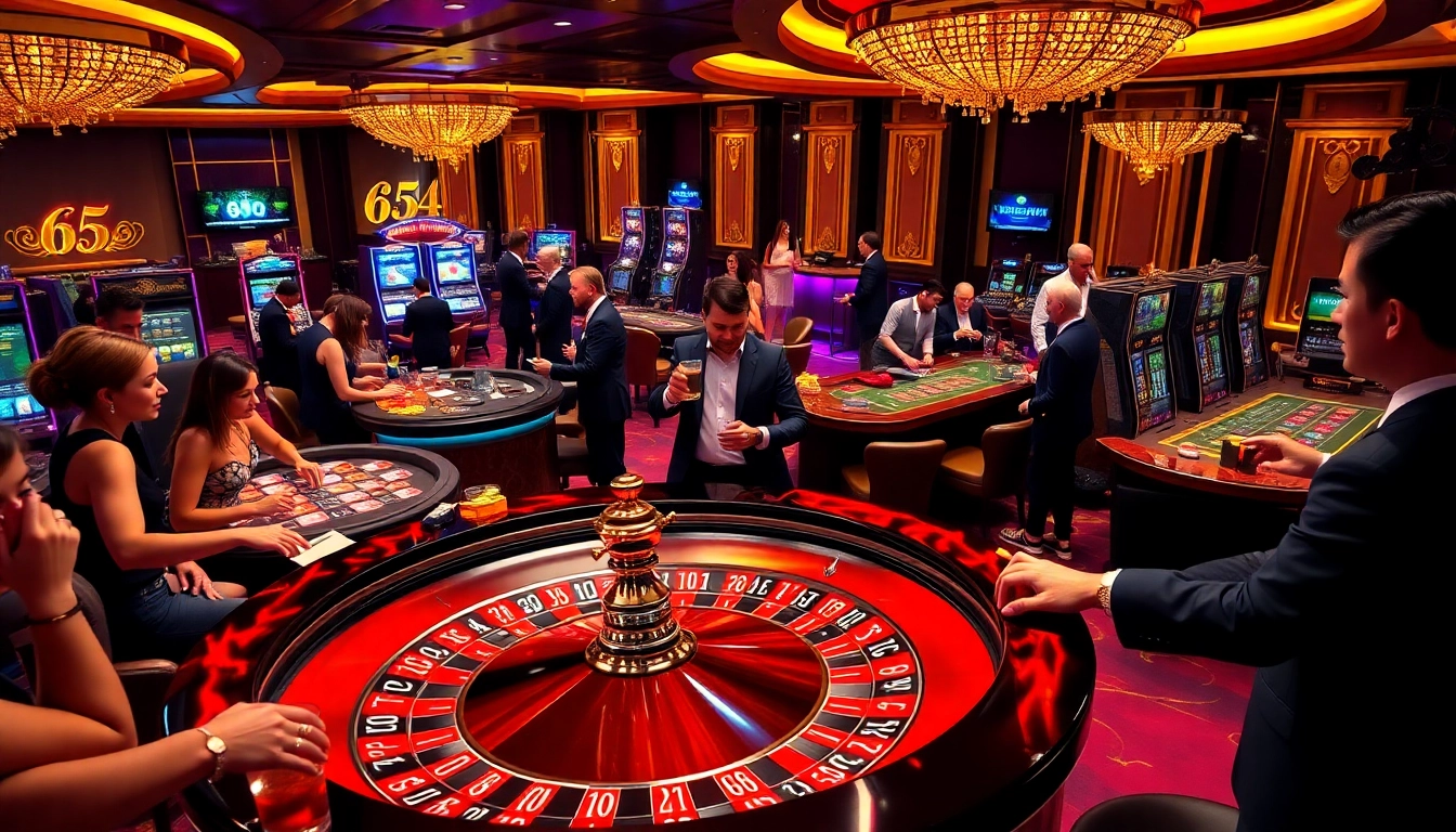 Players enjoying a thrilling game of roulette at 65A Casino with vibrant colors and luxury.