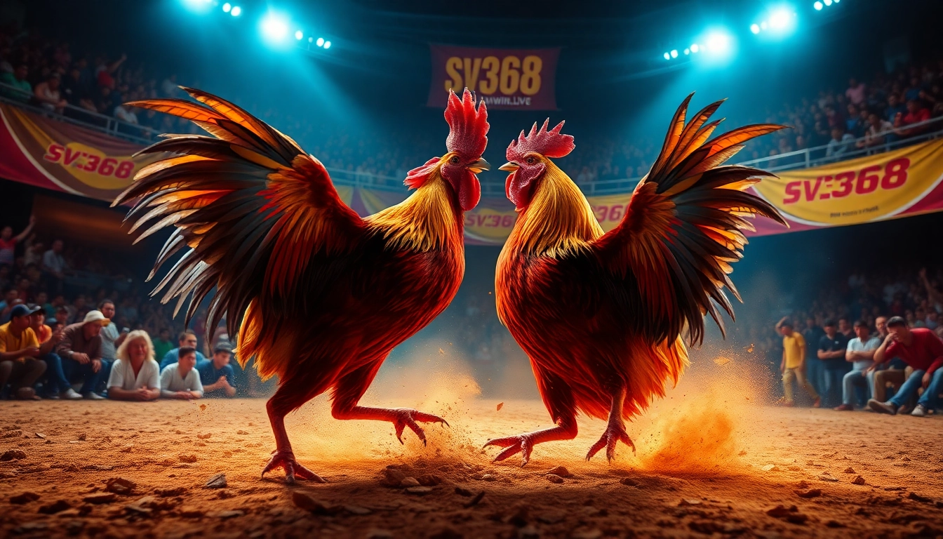 Intense cockfighting action at sv368win.live, showcasing roosters in competition surrounded by excited spectators.