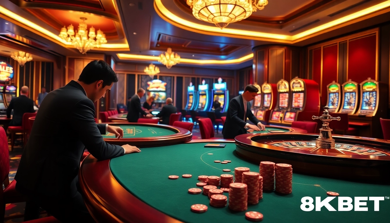 Experience high-stakes excitement with 8KBET at luxurious casino tables and vibrant slot machines.