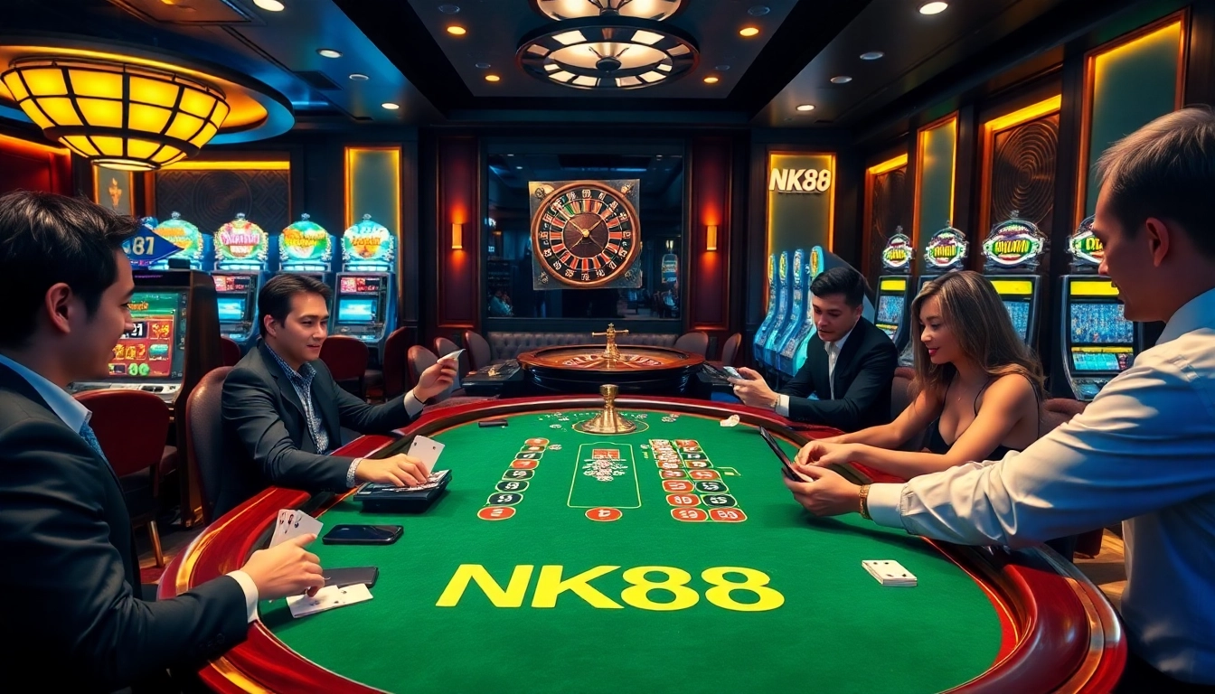Engaging NK88 players enjoy blackjack at a vibrant casino table.