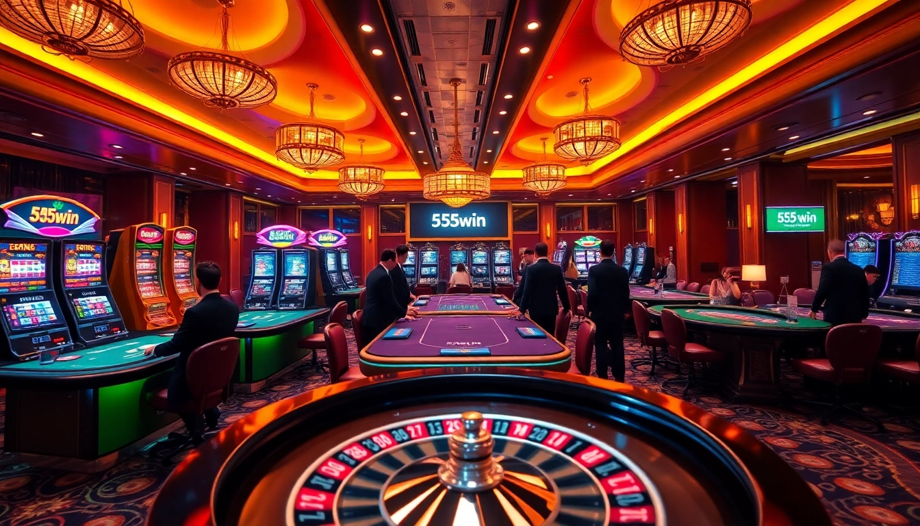 Experience the excitement of 555win casino with vibrant tables, spinning roulette, and enthusiastic players.