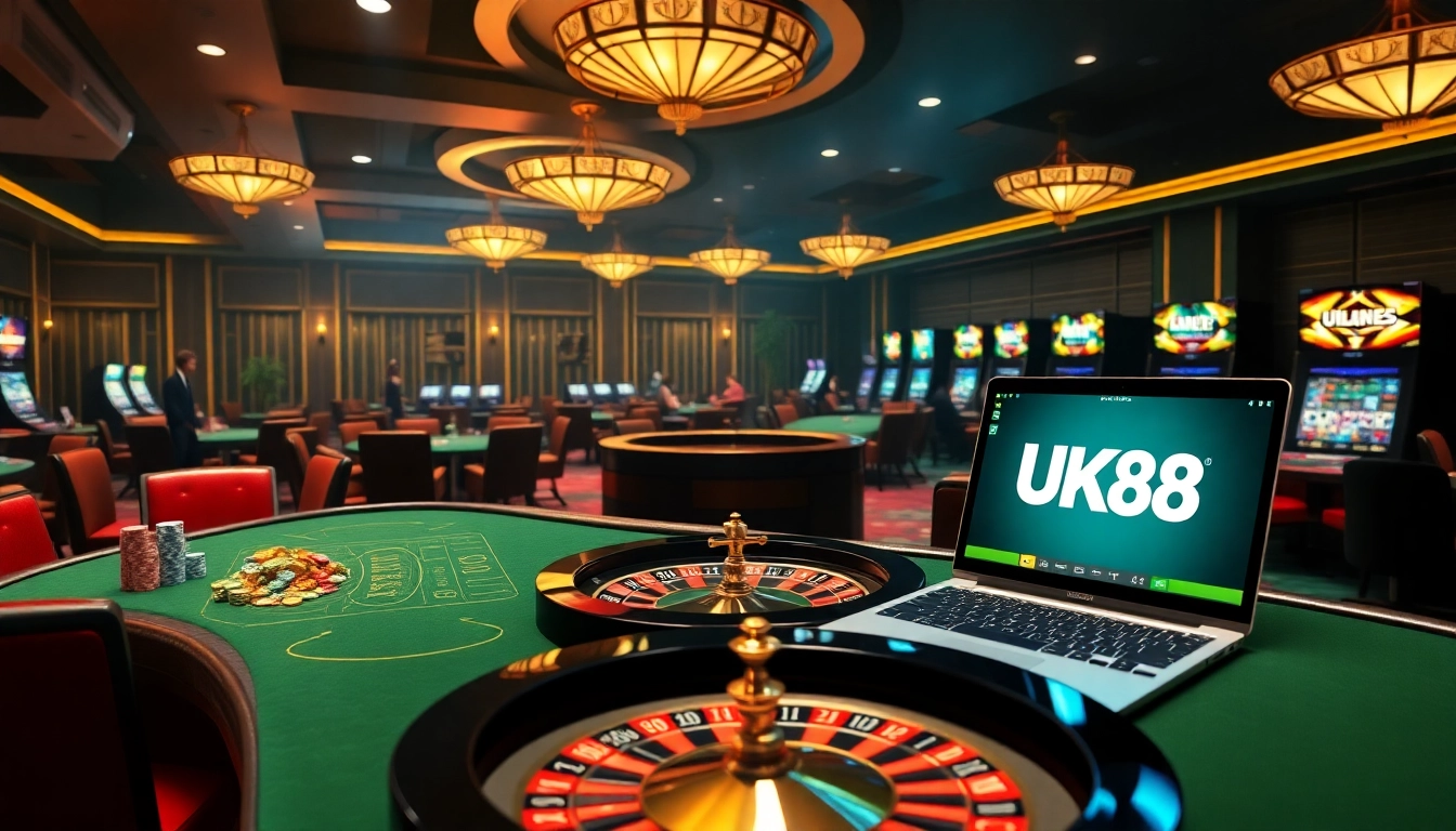 UK88's vibrant casino atmosphere with professional dealers and colorful chips enhancing the gaming experience.