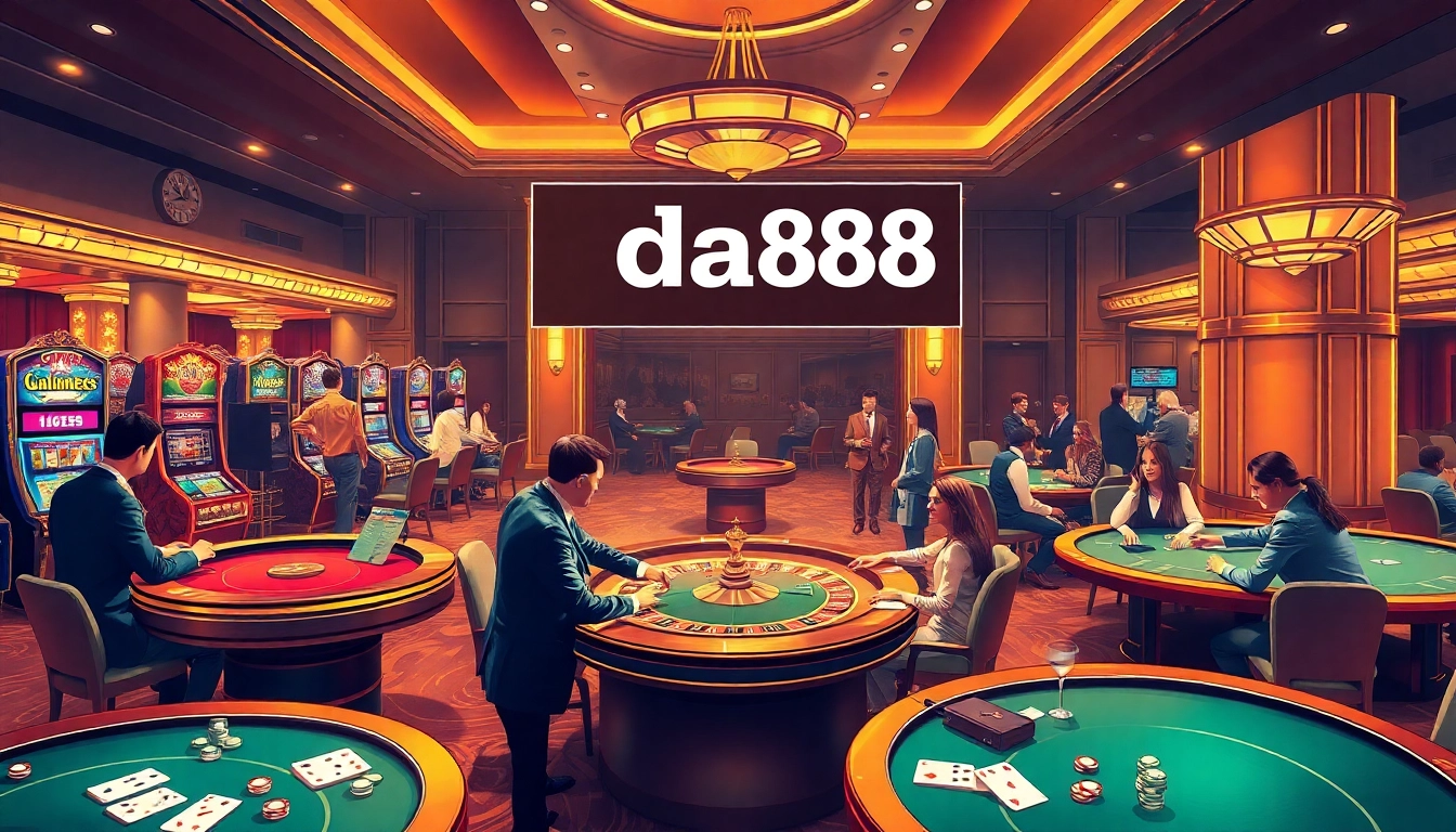 Experience the thrill of winning at a luxurious casino featuring code da88 on promotional banners amidst slot machines and poker tables.