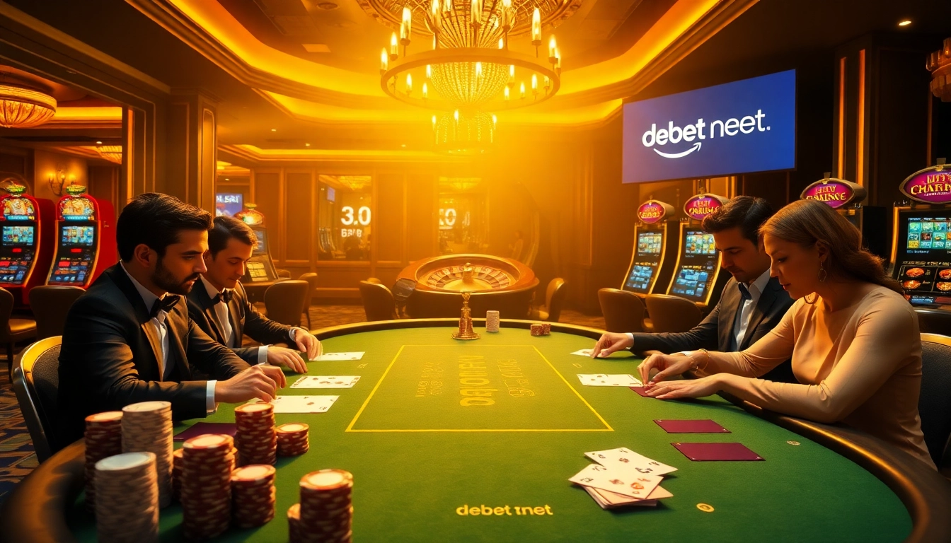 Bet at the debet net poker table amidst a vibrant casino atmosphere filled with action.