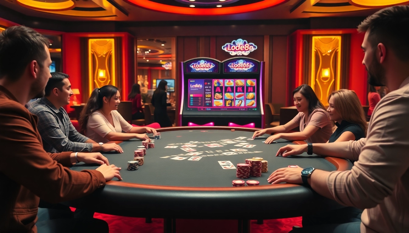Engaging scene of players at a poker table with lode88 ai branded elements highlighting excitement in gambling.