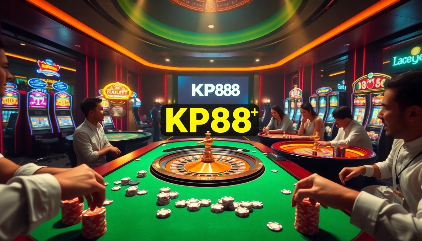 Kp88 casino scene featuring a lively roulette table with excited players and vibrant slot machines.