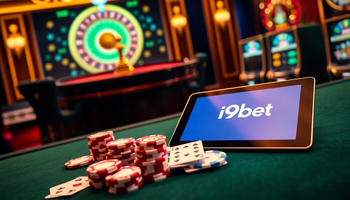 Experience the thrill of tải i9bet through an elegant online casino setup showcasing poker chips and cards.