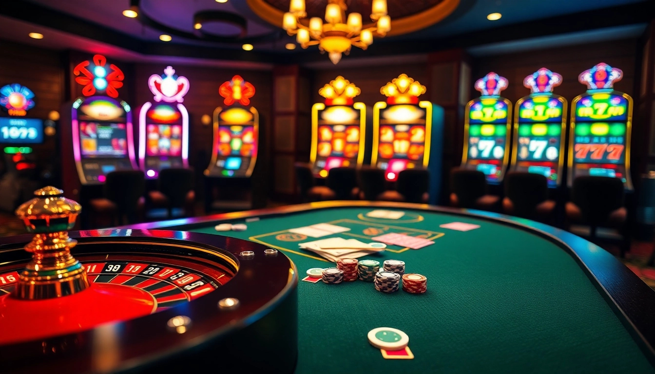Experience the excitement of TT88 with vibrant poker chips and roulette wheels in a luxurious casino atmosphere.