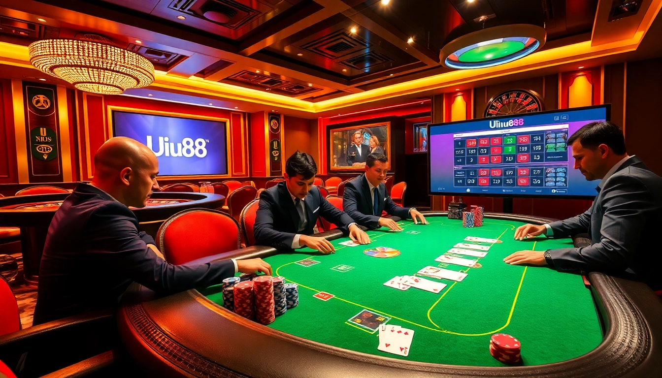 Engage in thrilling Omaha Poker at UU88 with vibrant casino atmosphere and colorful chips.