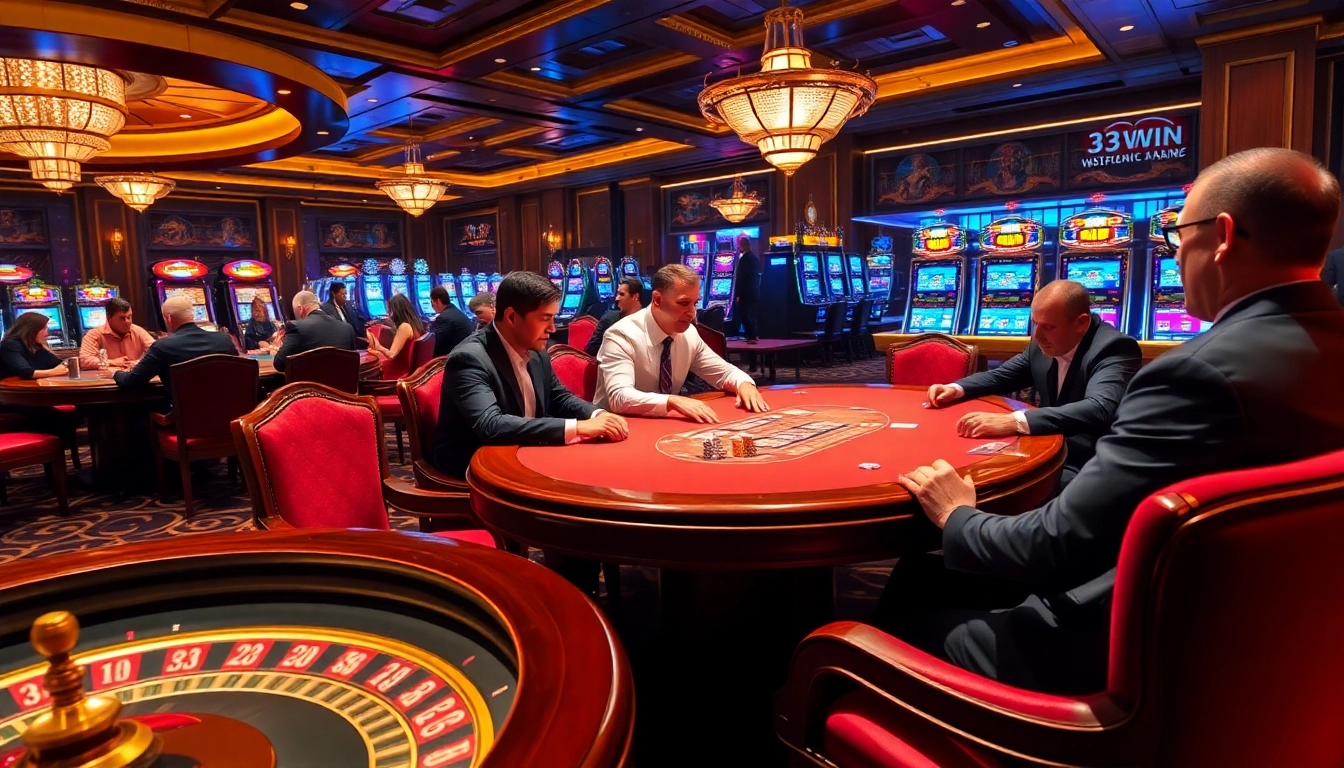 Players engaging passionately at a luxurious poker table with chips and cards at 33win casino.