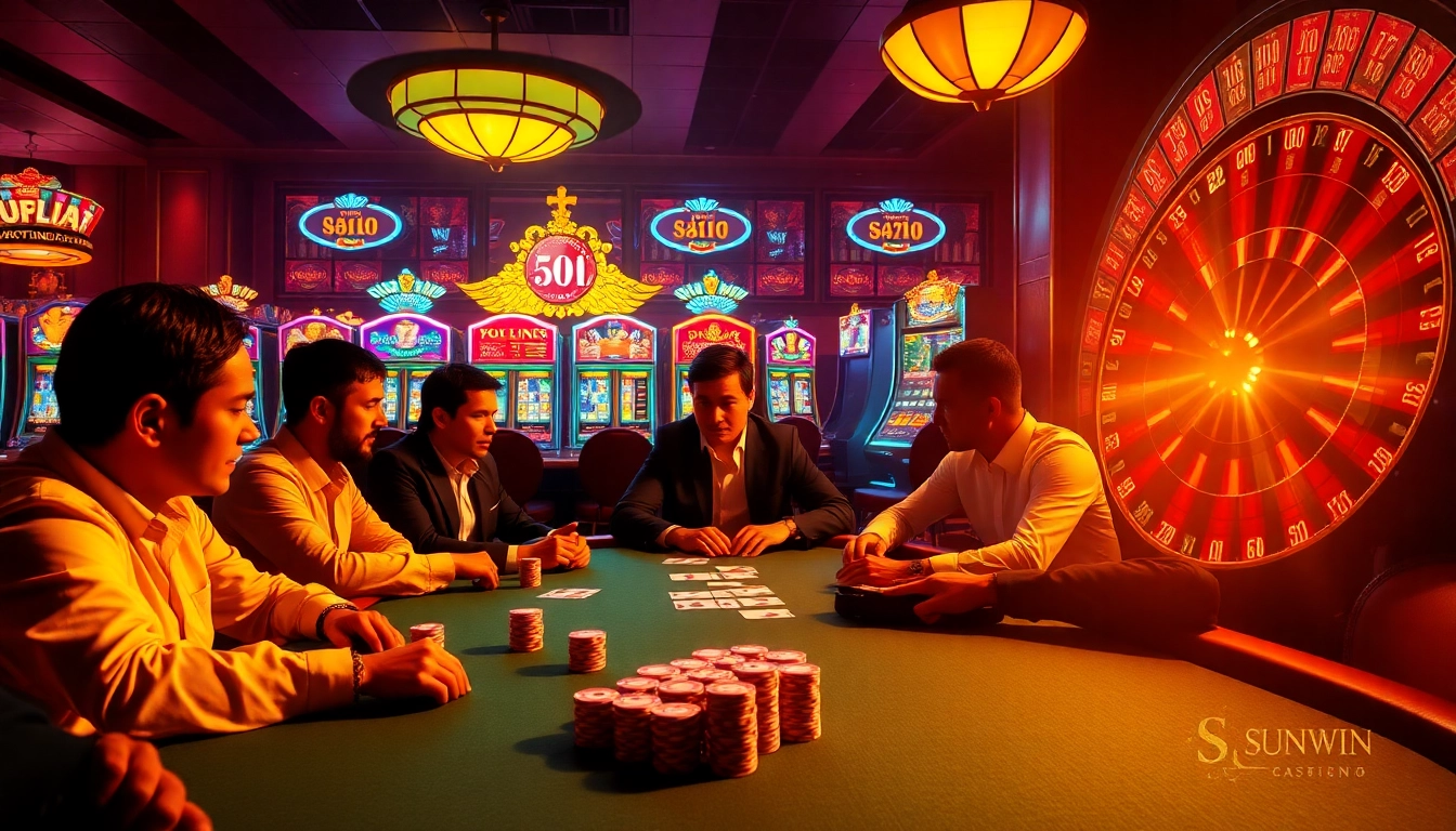 Sunwin casino scene with players engaging at a luxurious poker table filled with chips and excitement.