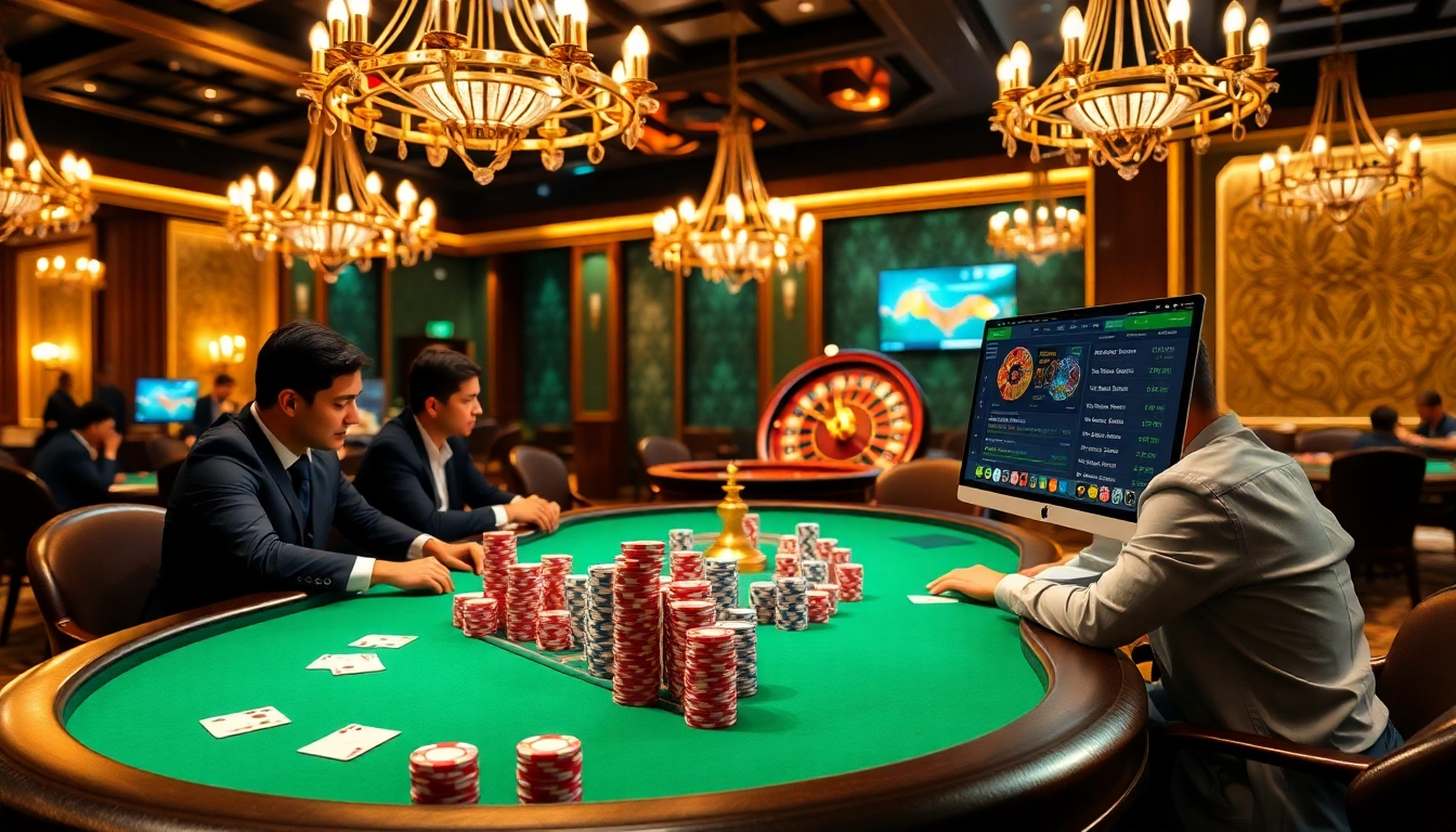 Experience the thrill of Fb88 with engaged players at a high-stakes poker table in a luxurious casino setting.