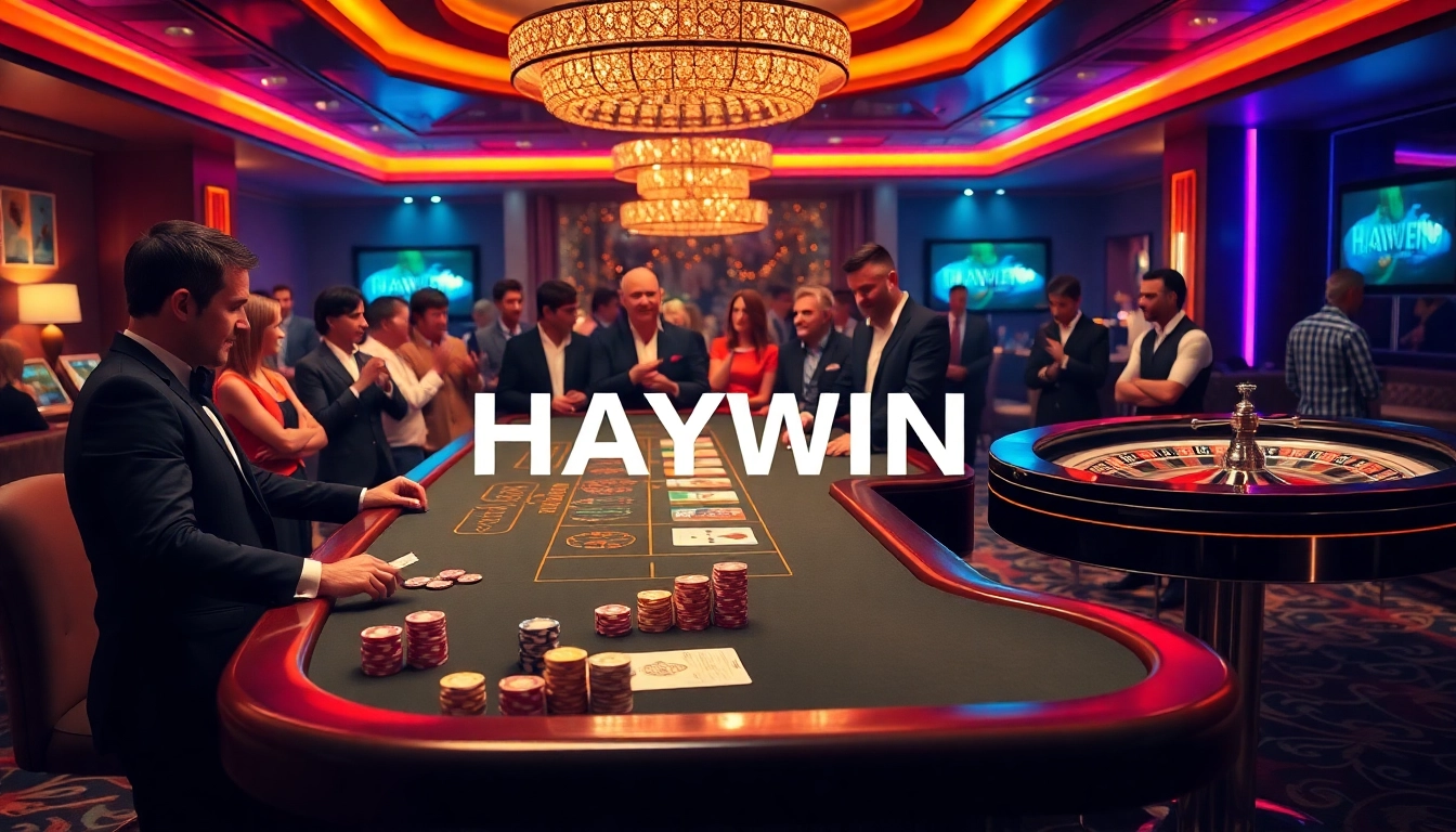 Players engaging in thrilling casino action at the HAYWIN table, surrounded by vibrant lights and gaming excitement.