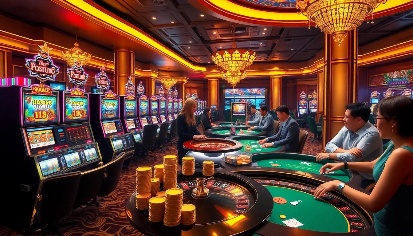 The excitement of winning big at https://tr88vip.co.com/, showcasing vibrant slot machines and poker tables in a luxurious casino ambiance.