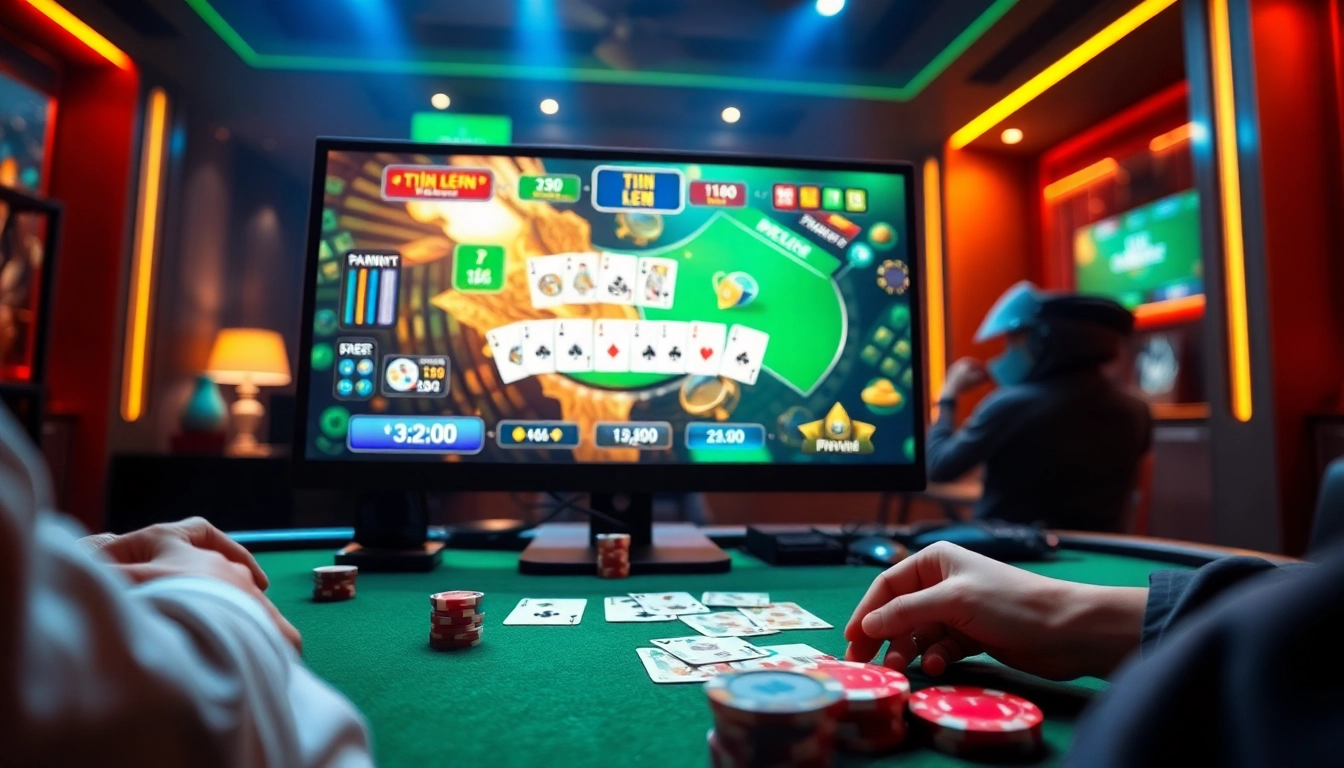 Exciting online card gaming scene from gamebaidoithuong.com.vc, featuring players engaged at a digital table with vibrant colors and modern design.