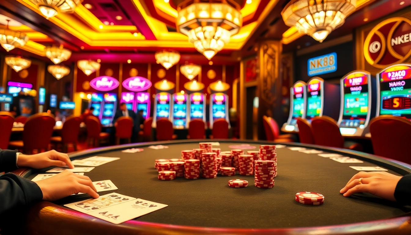 Engaged gamblers playing at a professional NK88 casino table with vibrant poker chips.