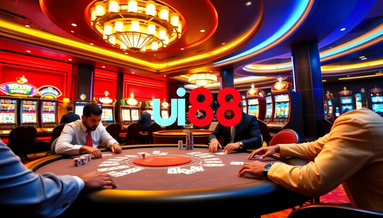Excited players enjoy a high-stakes poker game at uu88's luxurious casino table.