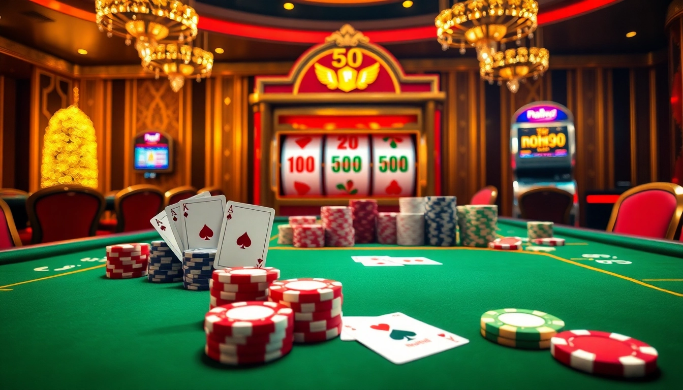 Engage in thrilling gameplay at nohu90 with luxurious casino tables, vibrant chips, and classic card games.