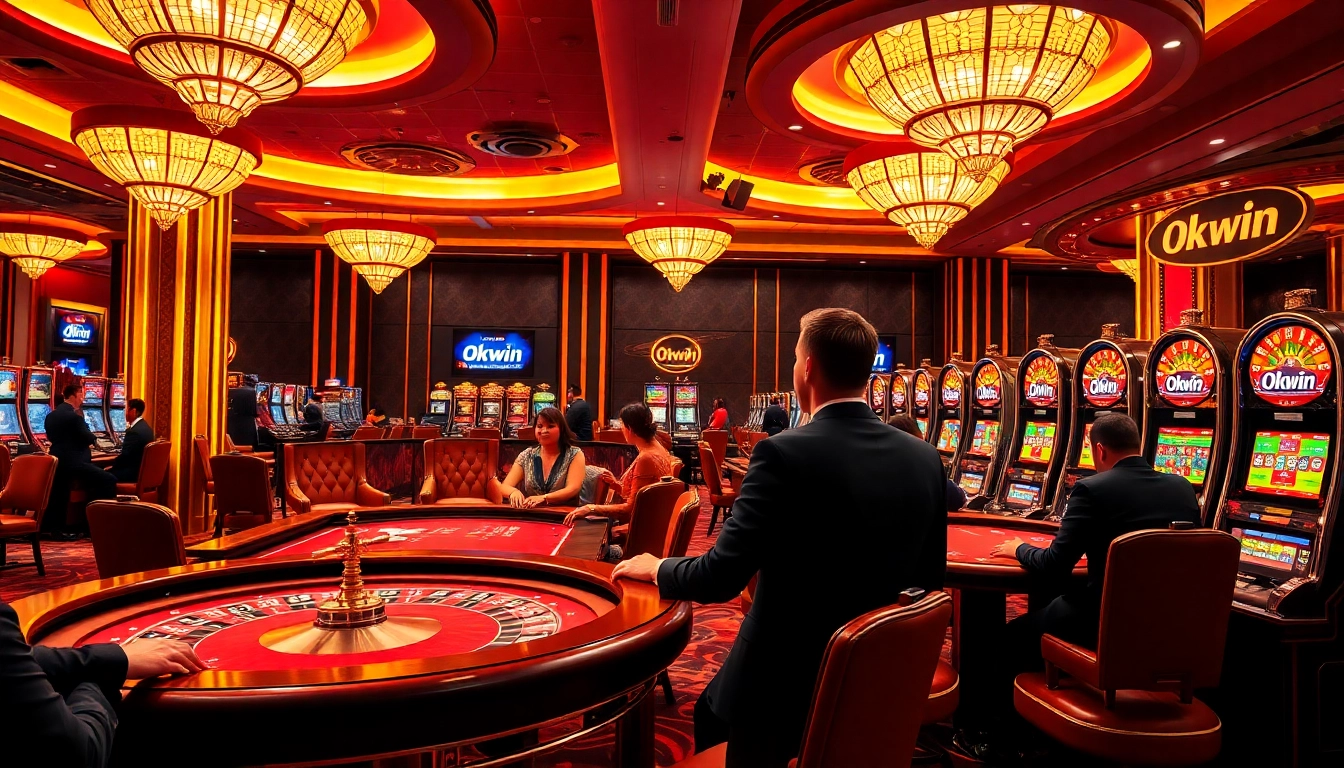 Experience high-stakes gaming excitement with Okwin's luxurious casino atmosphere, featuring poker tables and roulette wheels.