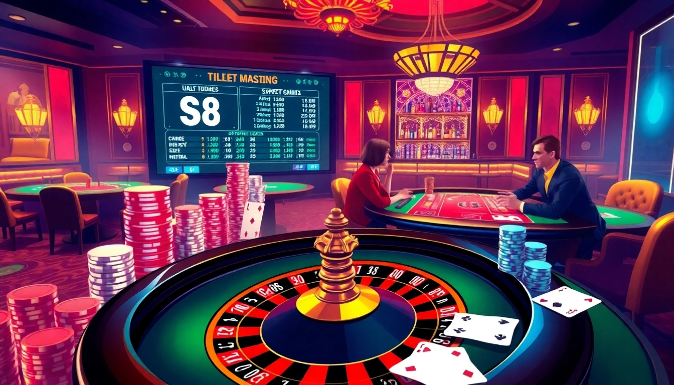 S8 gamblers strategizing at a luxurious casino table with vibrant colors and engaging gameplay.