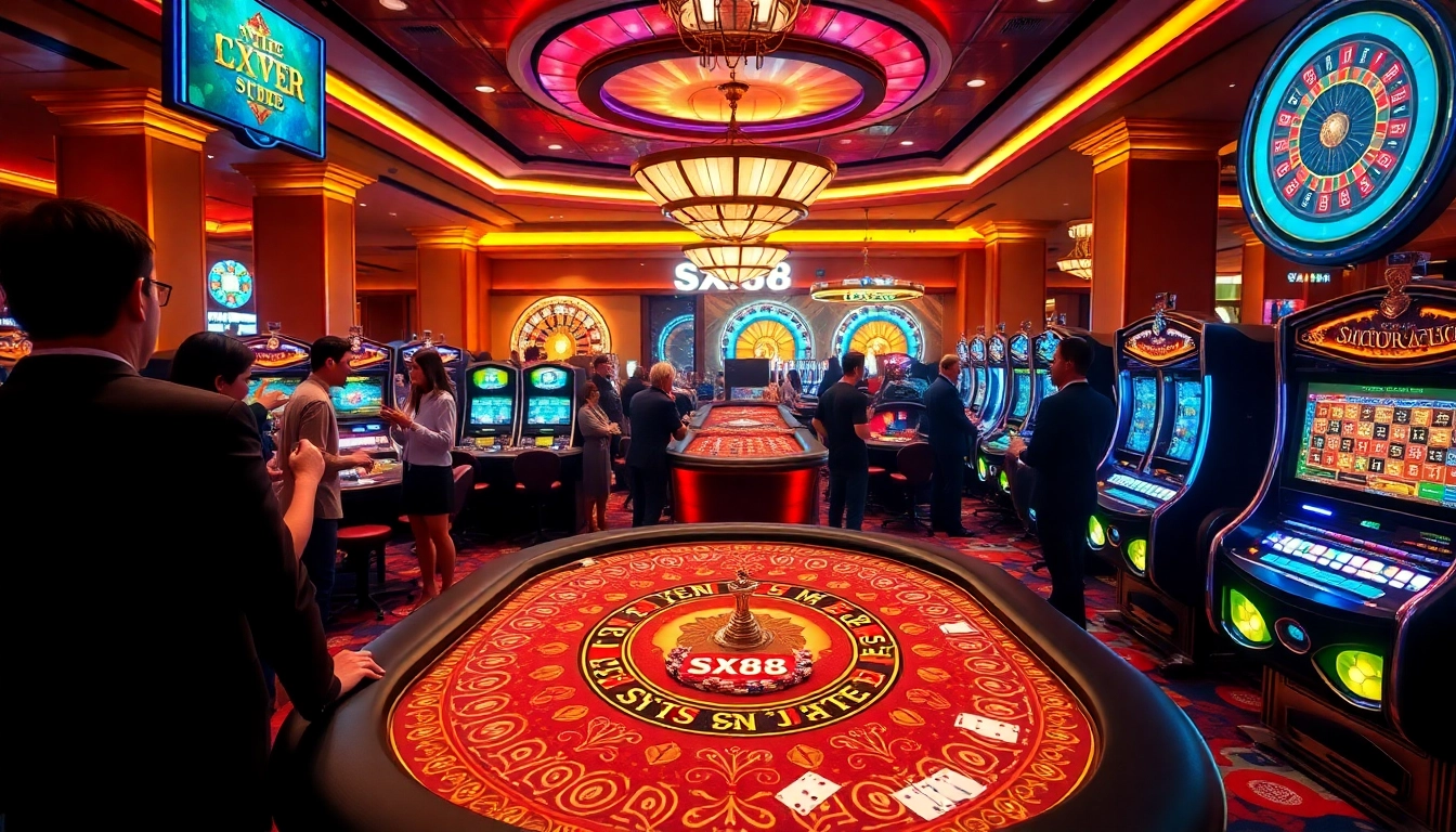 SX88-themed poker game with vibrant slot machines and exciting casino atmosphere.