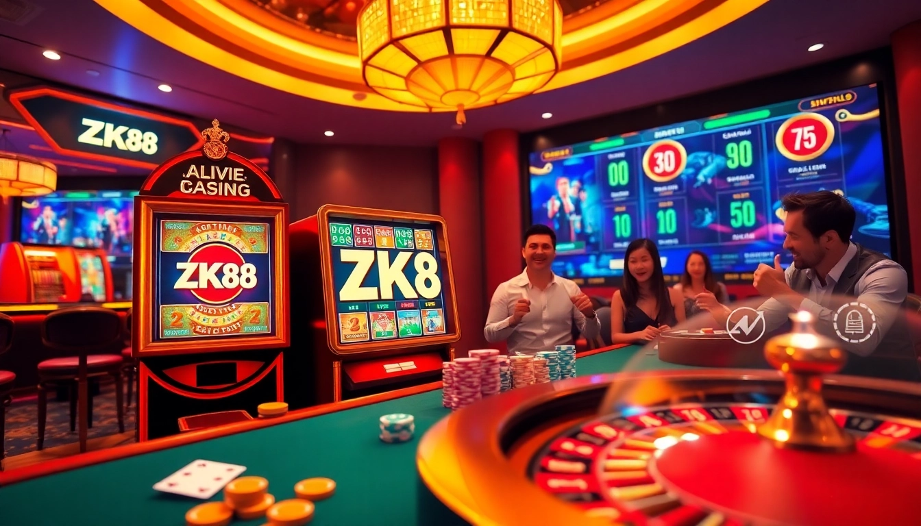 Excited players enjoying gaming at ZK88 luxury casino with vibrant slot machines.