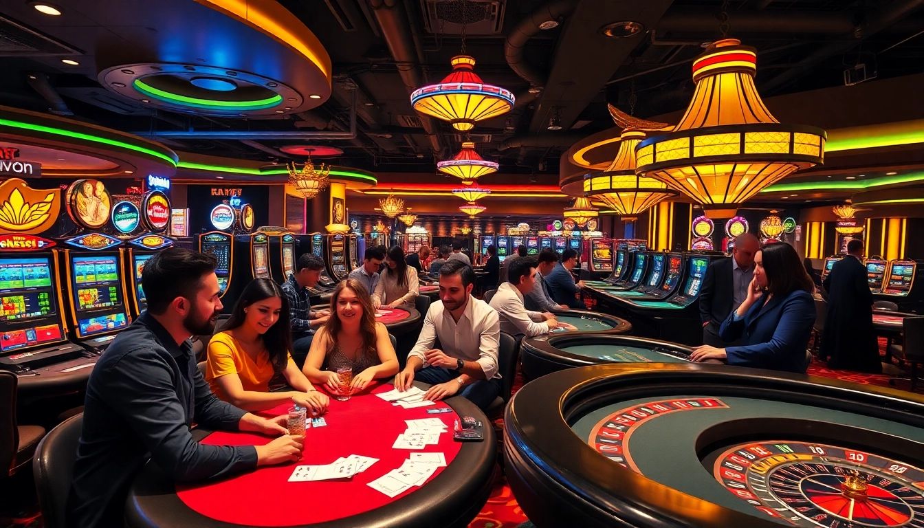 Exciting j88 casino scene with vibrant slot machines and engaged poker players.