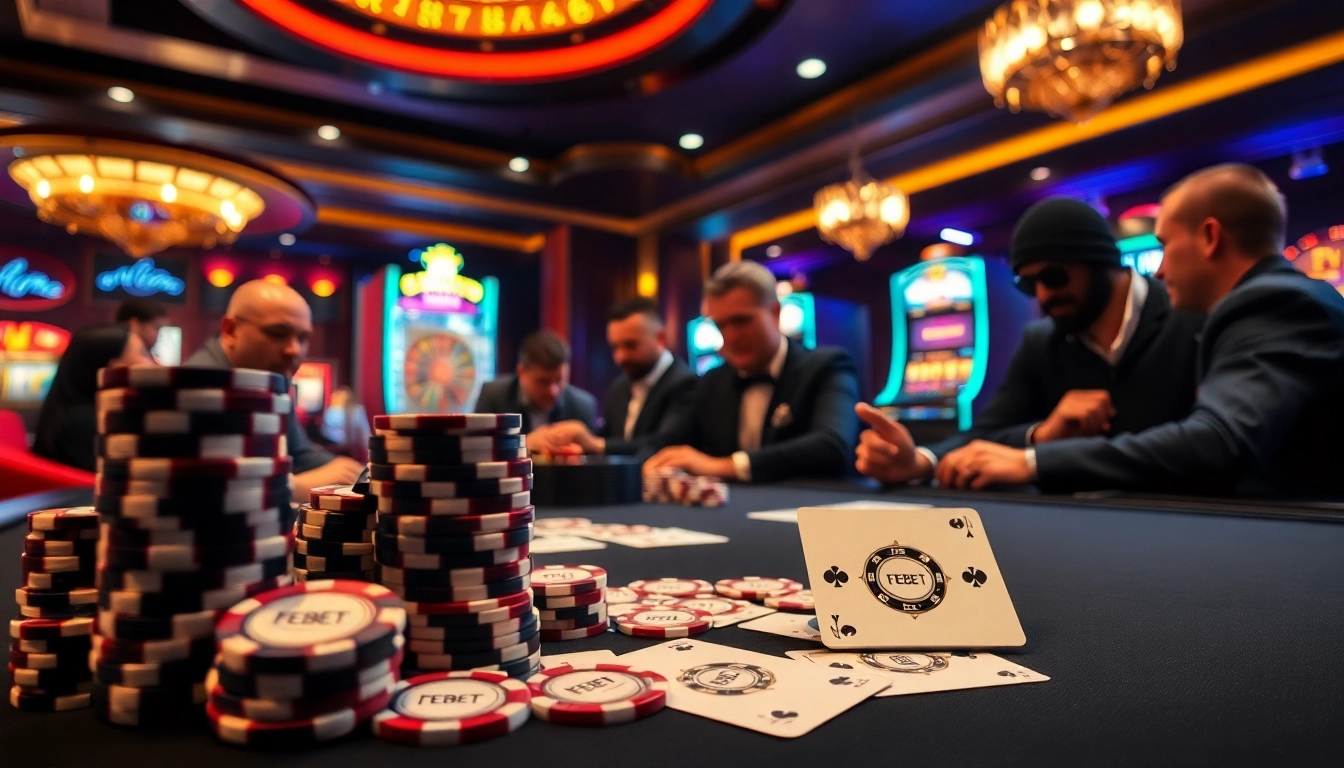 FEBET poker action scene with dynamic chips and cards at an upscale casino table.