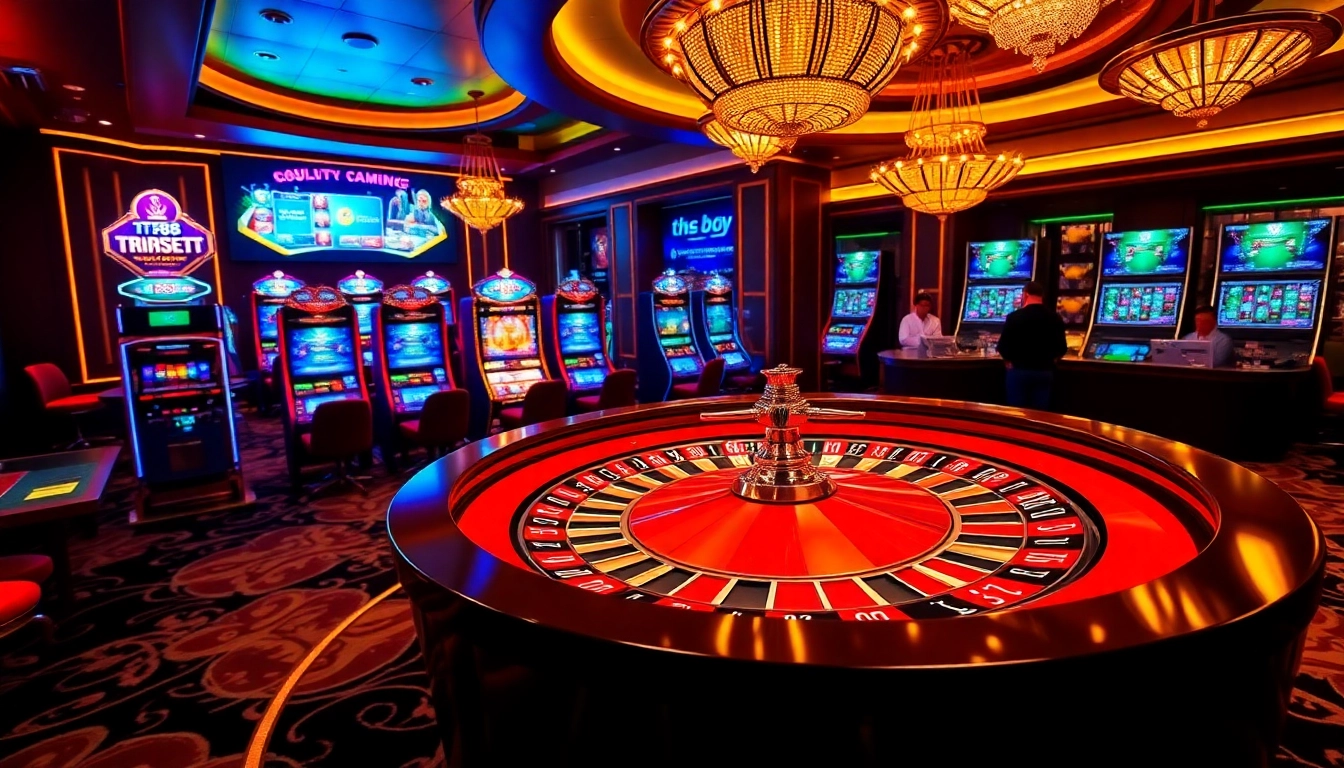 Experience the excitement of TT88 gaming with vibrant casino visuals, poker chips, and roulette wheels.