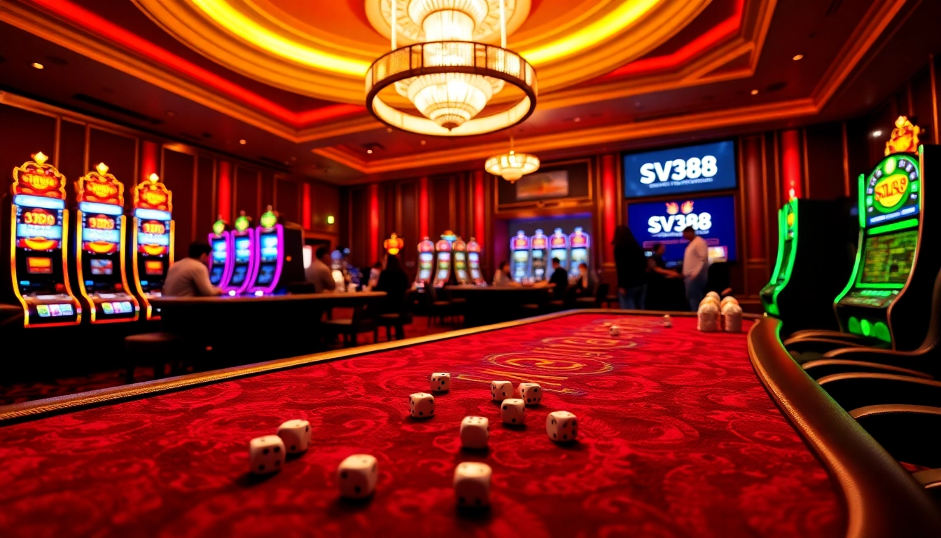 Engaging scene with SV388 depicting vibrant casino gaming with poker and slot machines.