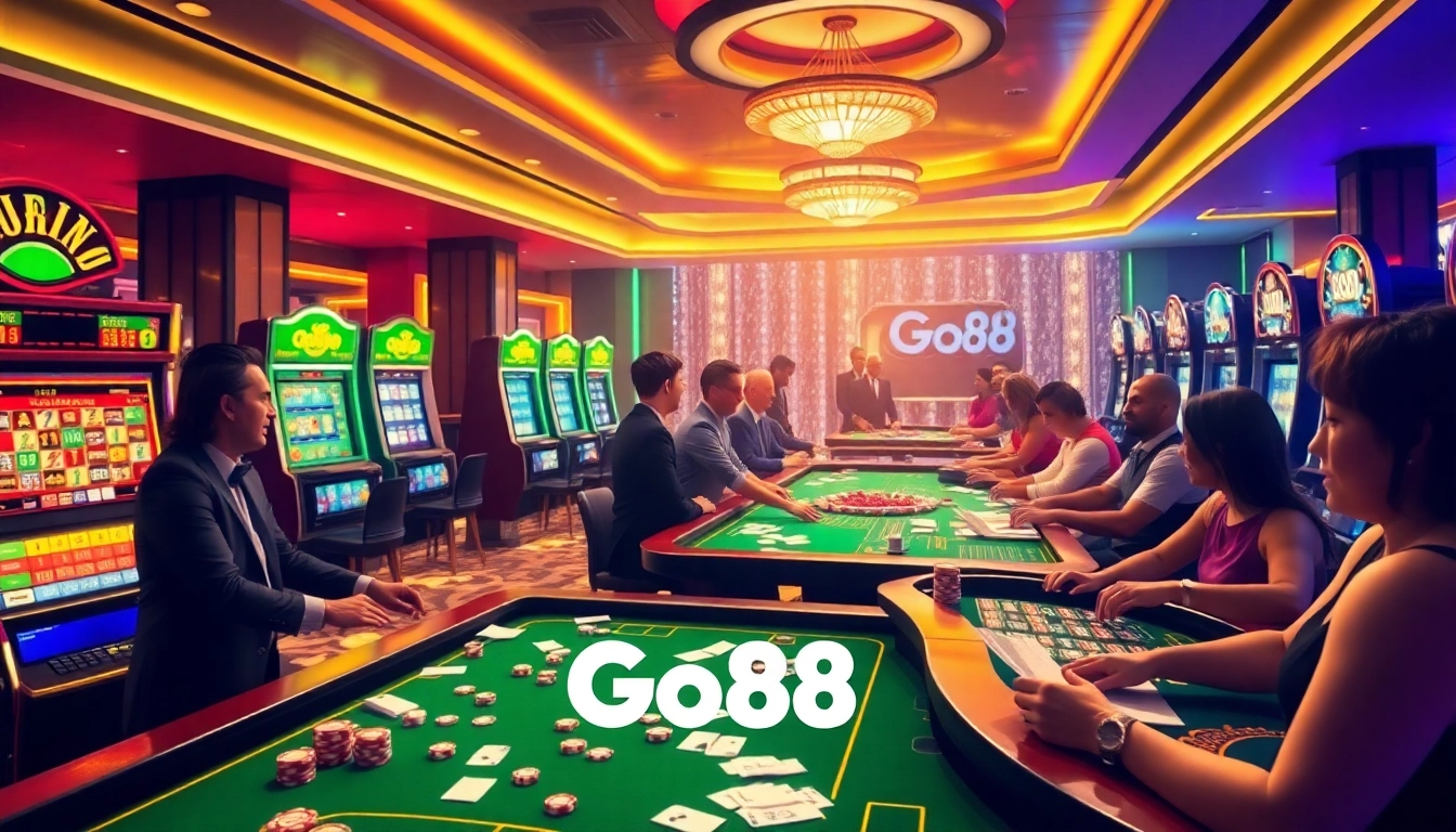 Experience the excitement of gambling at Go88 with vibrant casino tables and slot machines.