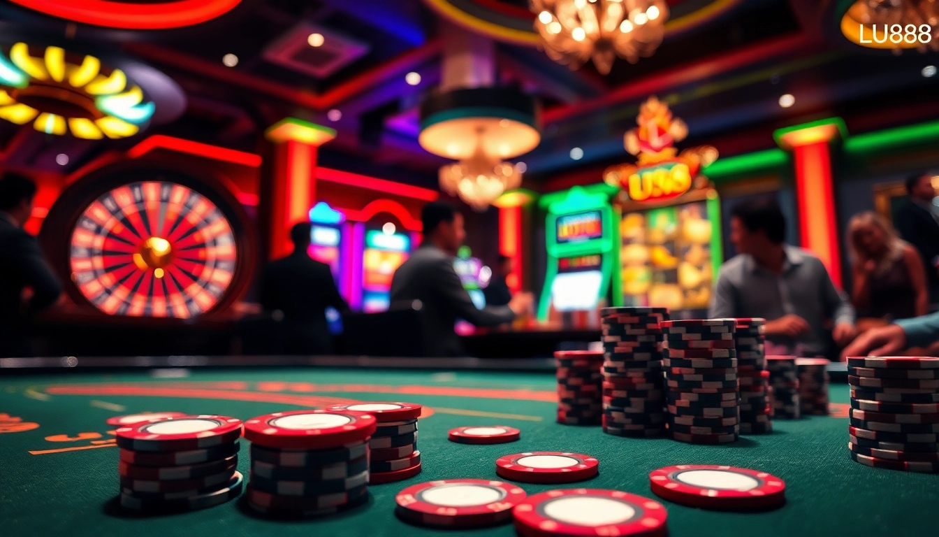 Engaging players at a luxurious uu88 casino table with vibrant slot machines and poker chips.