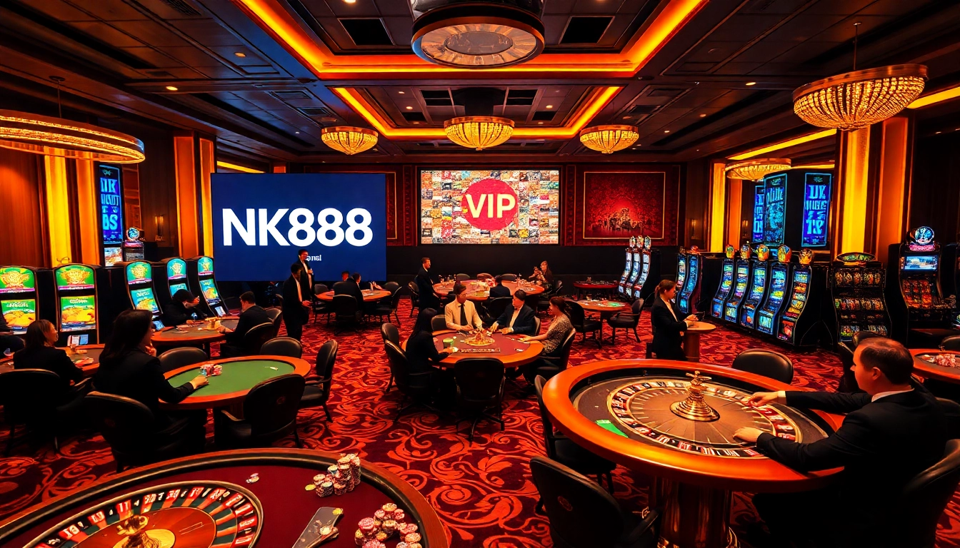 Players enjoy high-stakes gaming at NK88 casino with vibrant tables and slot machines.