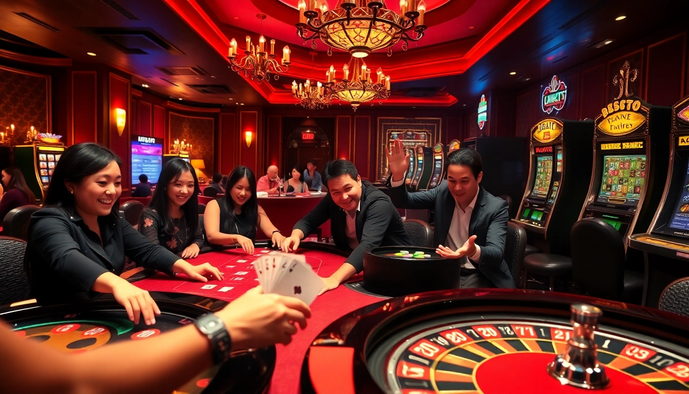 Players celebrating wins at a vibrant casino scene featuring rikvip gaming elements.