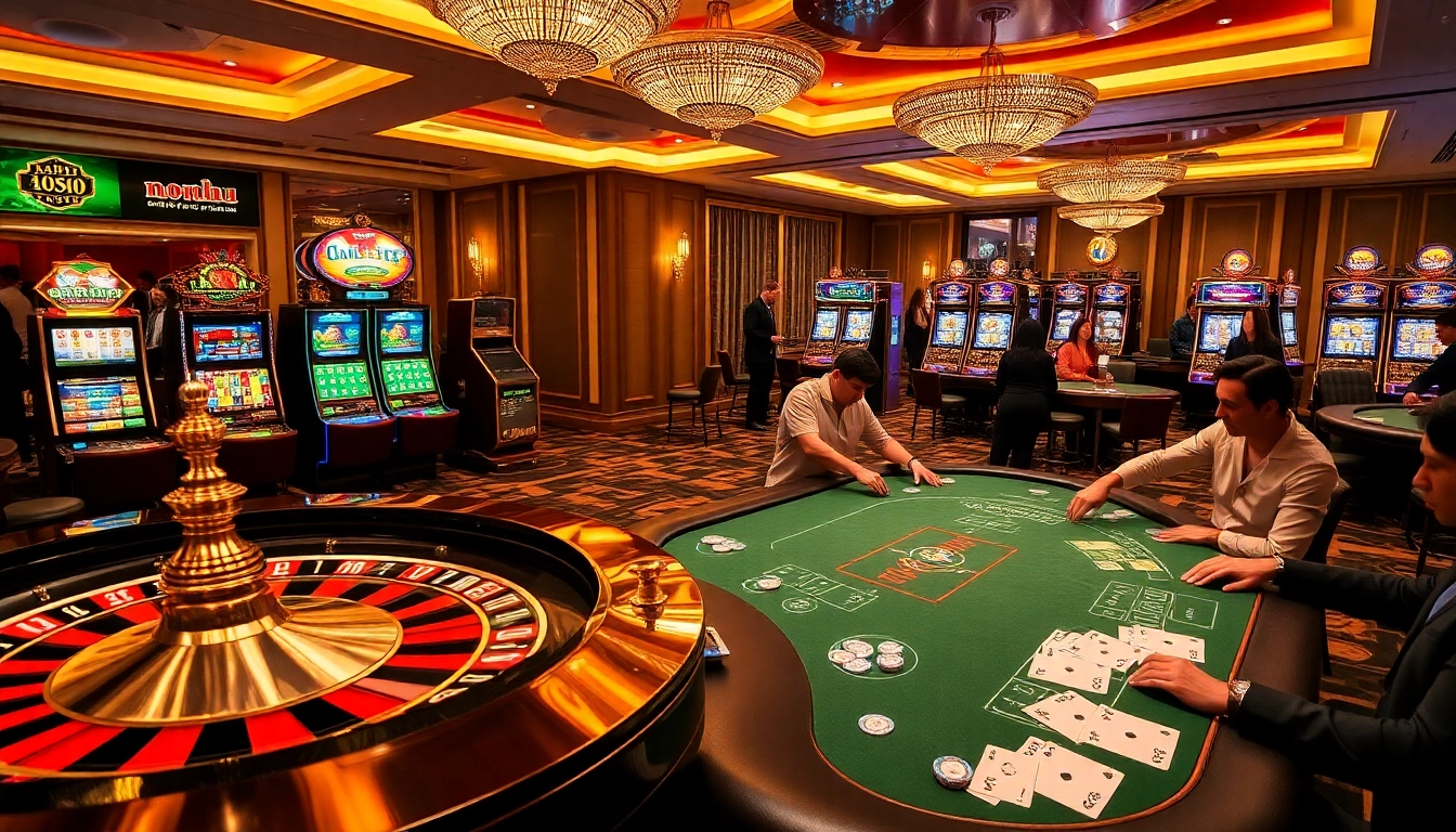 Experience the excitement of Nohu gaming, featuring vibrant slot machines and a luxe poker table.