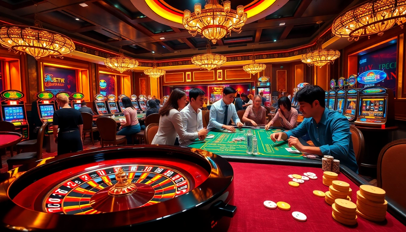 Experience the excitement of gaming at trang chủ MB66 with vibrant casino visuals featuring a roulette wheel and poker tables.