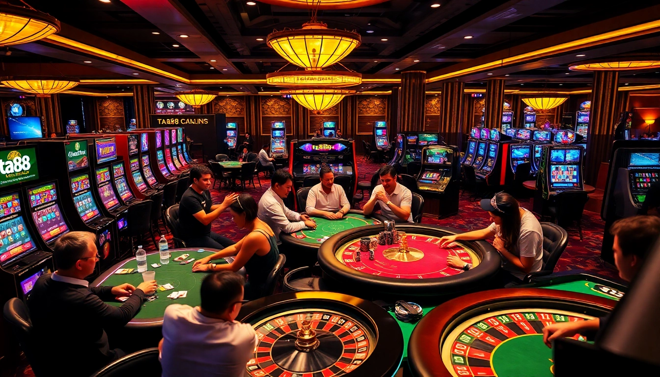 Engaged players at the ta88 club casino scene, enjoying poker and vibrant slot machines.