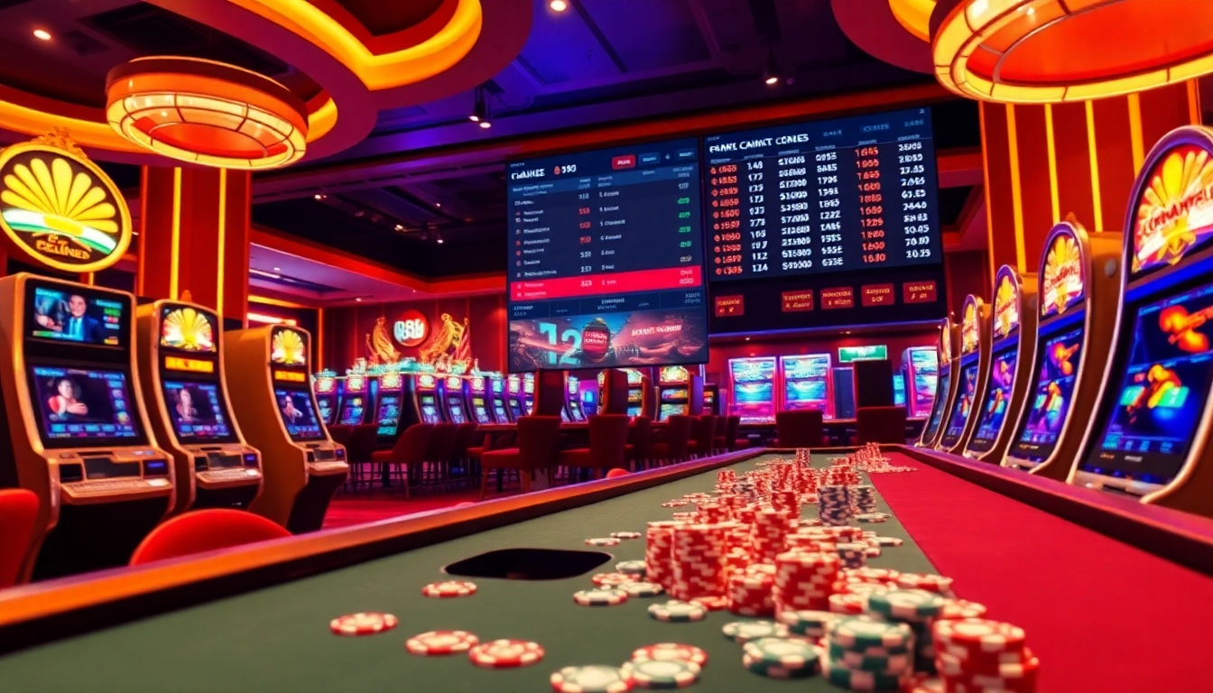 Experience the excitement of Red88 betting with interactive casino tables and vibrant gaming elements.