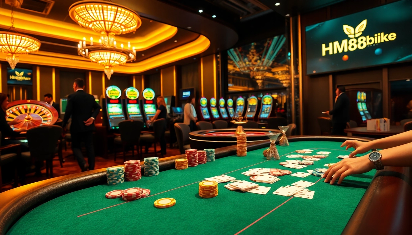 Players enjoying a high-stakes game at a luxurious casino table with HM88.bike branding.