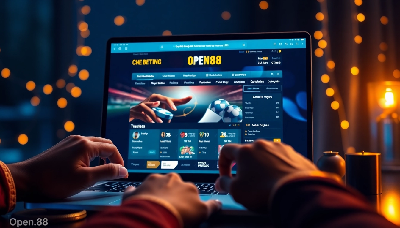Engaged user exploring the nhà cái OPEN88 online betting platform on a laptop, showcasing a modern, trustworthy interface.