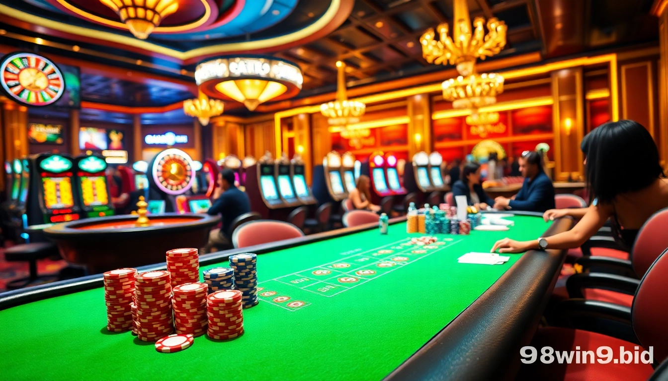 Exciting gameplay at 98win9.bid with vibrant poker tables and roulette wheels.