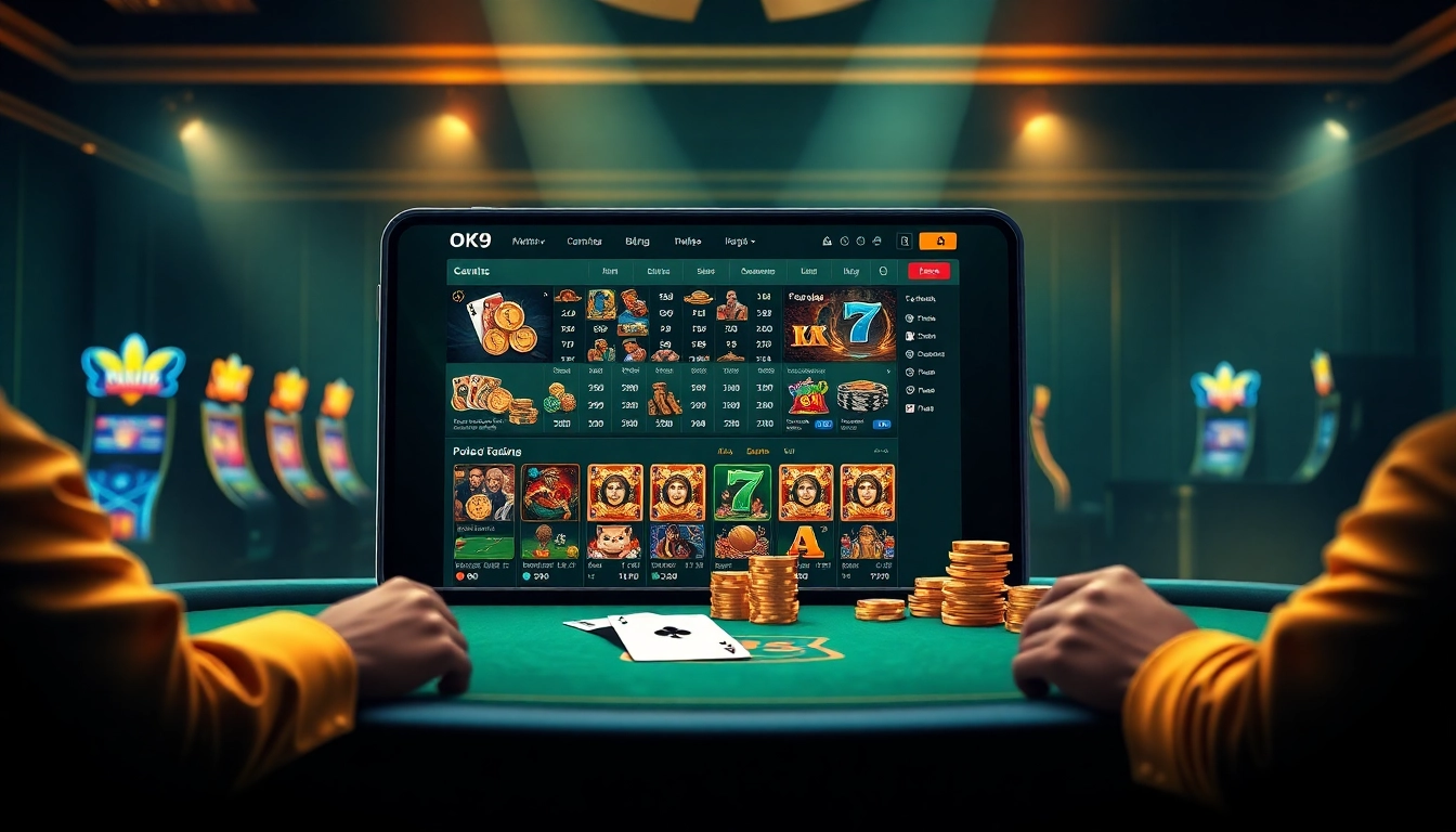 Engage in sports betting at nhà cái thể thao OK9 with vibrant visuals of casino tables and dynamic odds.