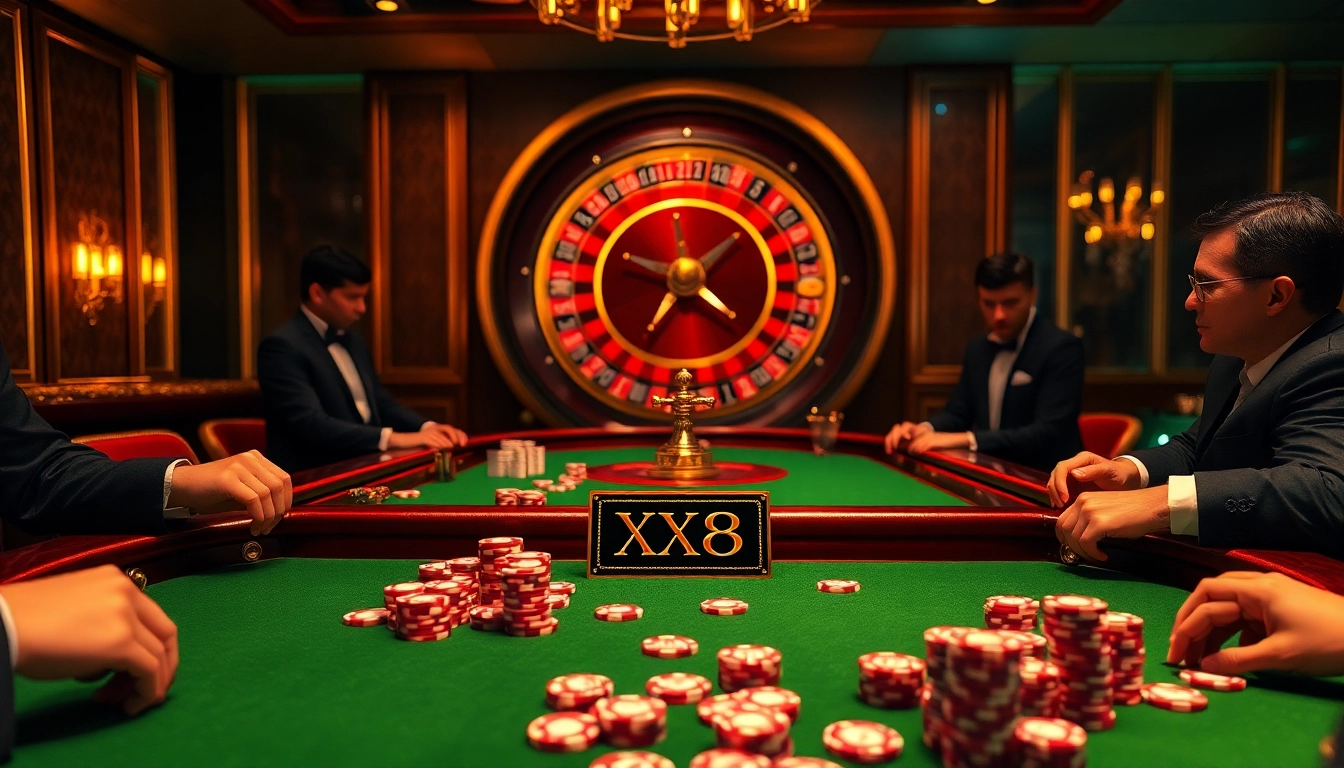Experience the thrill of XX88 at a luxurious casino poker table with vibrant chips and elegant players.