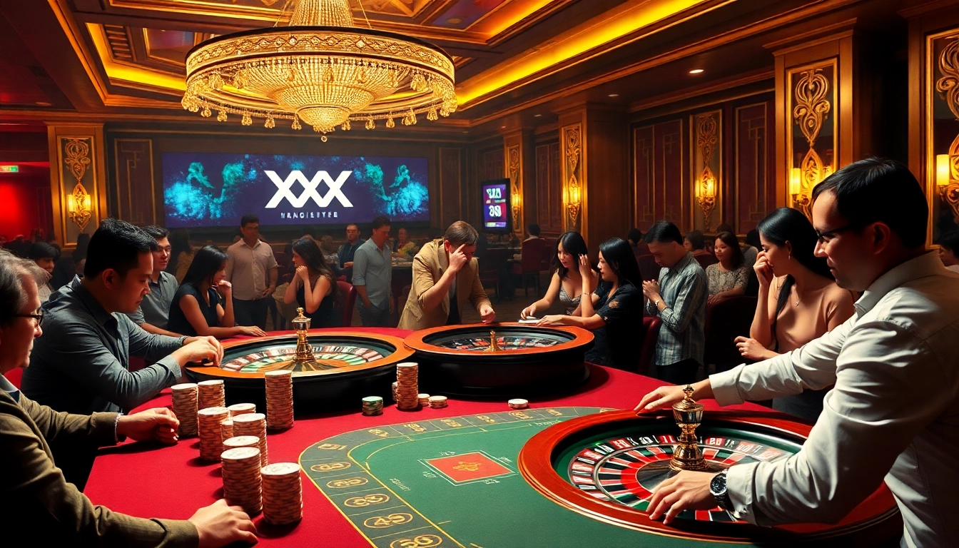 Players enjoying high-stakes action at XX88's luxurious casino poker table amidst vibrant decor.