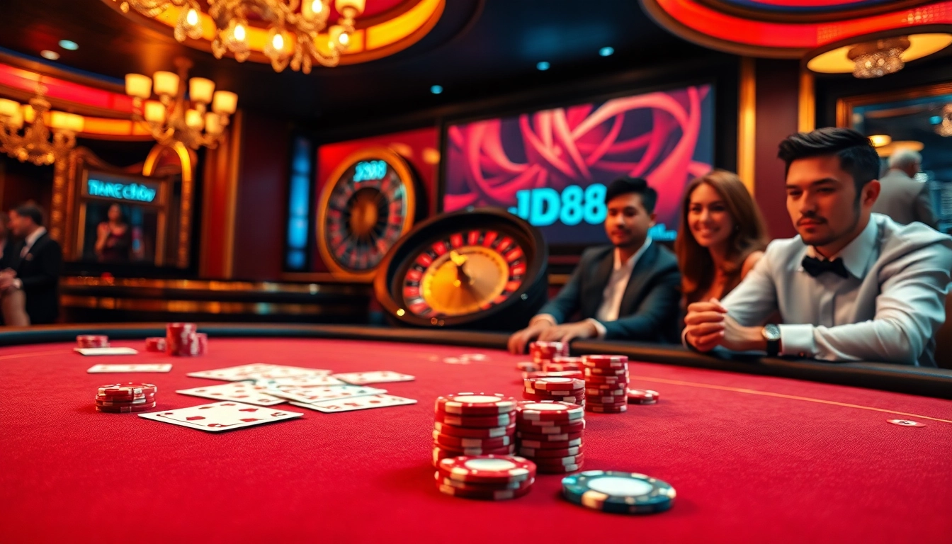 Người chơi tham gia đang tận hưởng trải nghiệm tại Trang chủ JD88 Casino với những chip poker và quân bài sặc sỡ.
