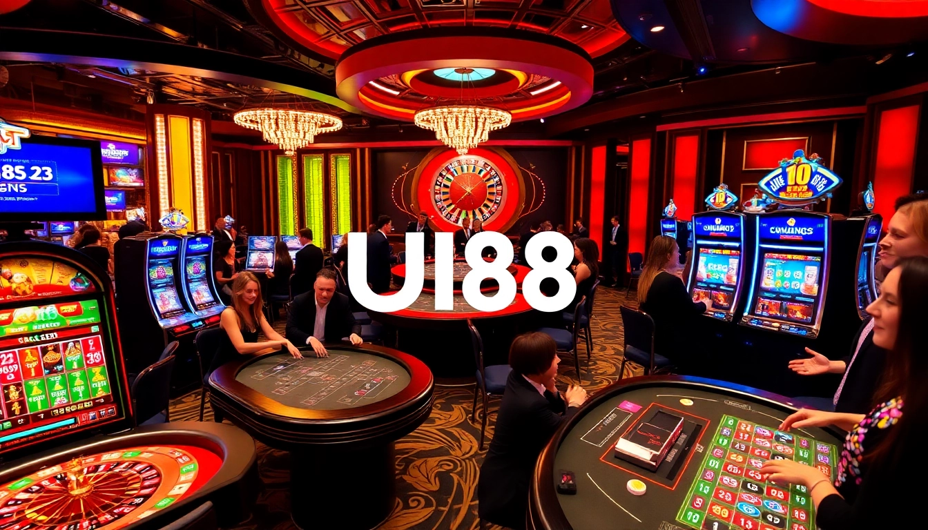 Players engaging in thrilling games at UU88's vibrant casino, showcasing excitement and professionalism.